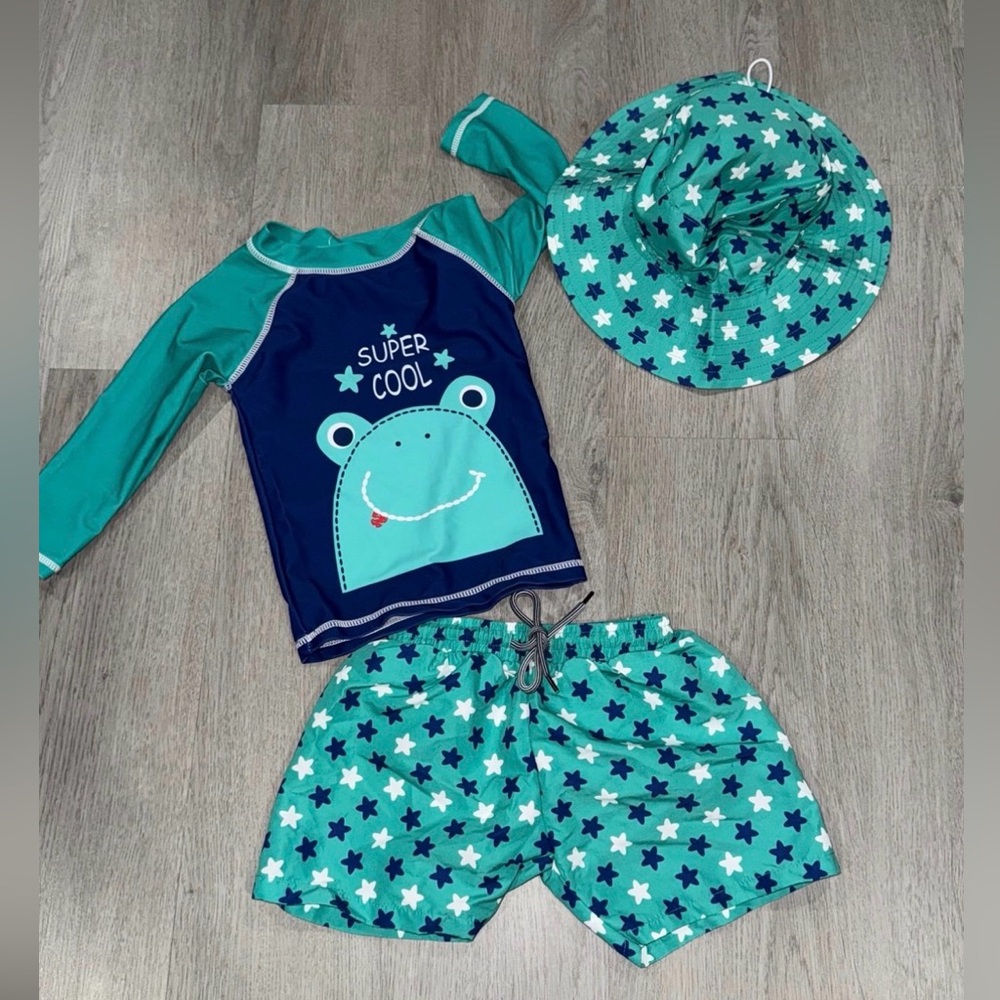 Baby Boys 3 Piece Frog Stars Swimsuit Kids Rashguard Set - Teal and Navy